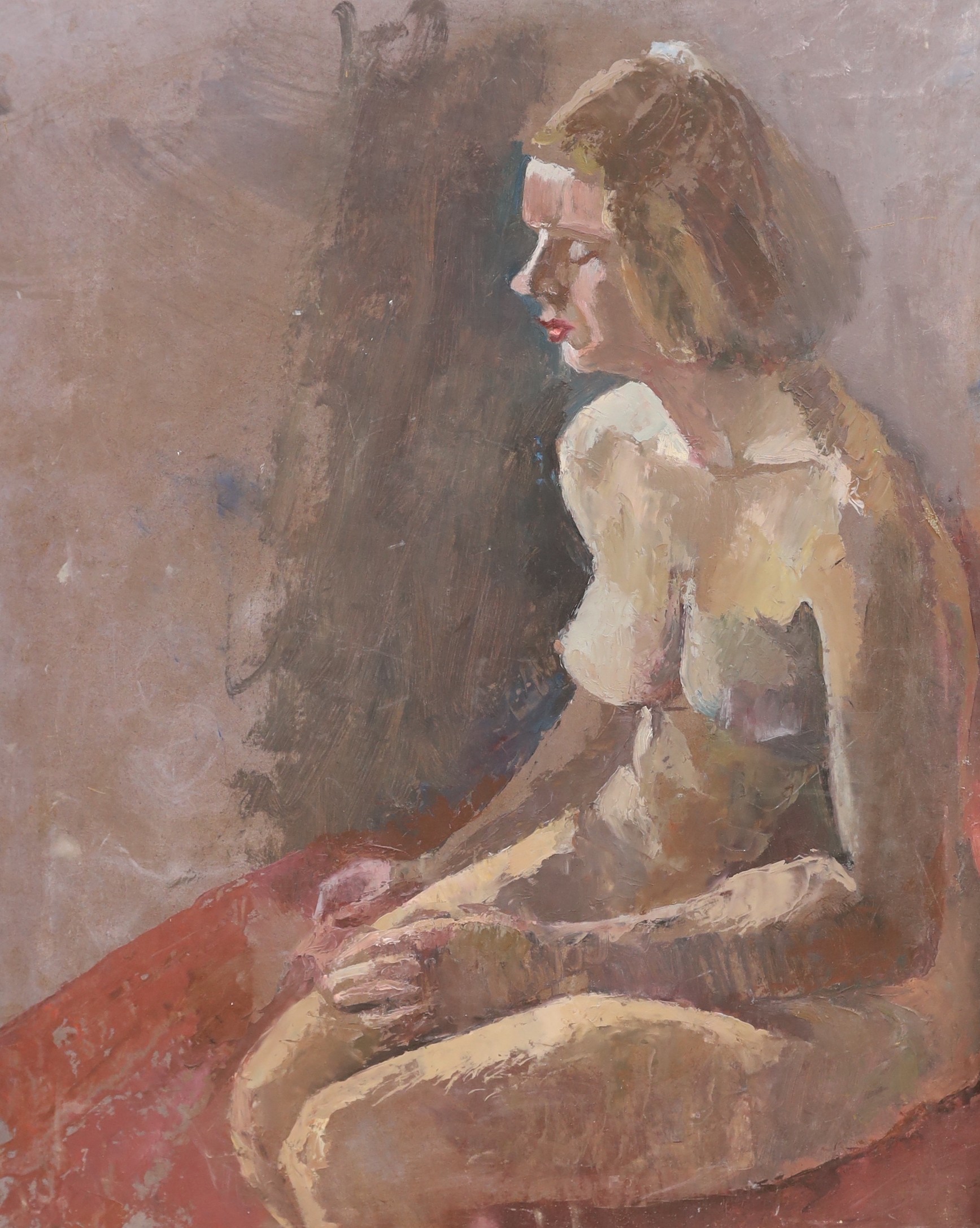 Keith John Tutt, three oils on board, Nudes in the studio, one inscribed verso, largest 77 x 62cm, unframed
